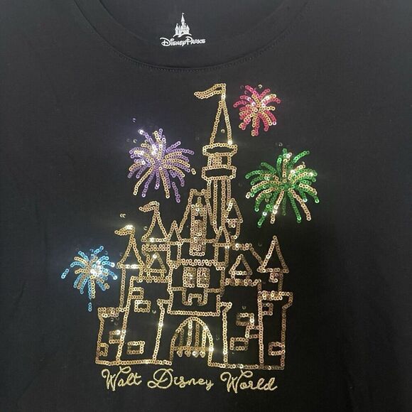 Disney Parks Black split hem scoop neck sequin castle tshirt size XL - Picture 5 of 7